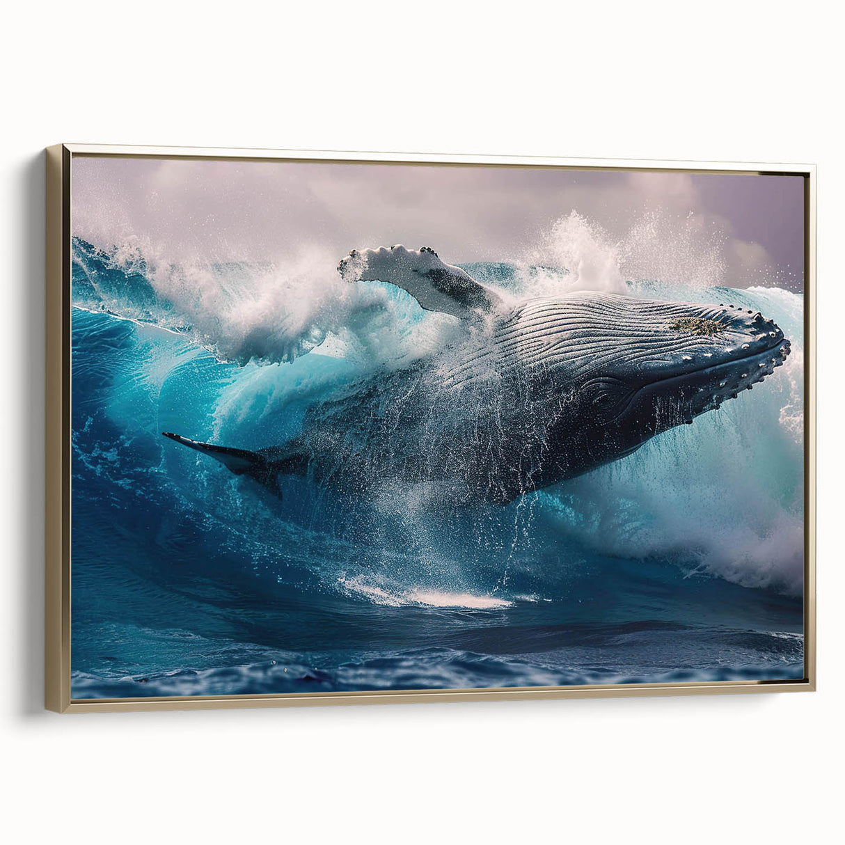 Framed canvas wall art showcasing a stunning side view of a whale design in gold tones, perfect for marine life enthusiasts and coastal decor lovers.