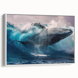 Framed canvas wall art featuring a striking marine life design with a majestic whale, displayed against a white background, perfect for ocean-themed decor.