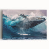 Stretched canvas wall art featuring a vibrant whale design in ocean hues, perfect for marine life enthusiasts. Ideal for home decor or art collection.