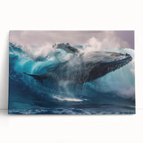 Stretched canvas wall art showcasing a vibrant marine life design featuring a majestic whale in shades of blue and green, perfect for ocean-themed decor.
