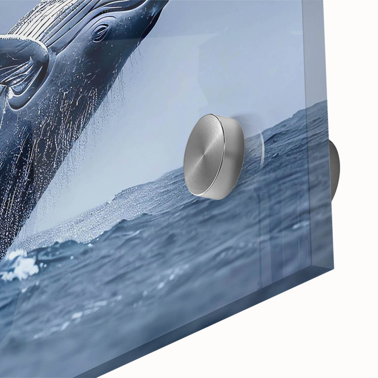 Close-up of a vibrant marine life wall art piece featuring a detailed whale design, printed on acrylic glass, showcasing vivid colors and textures ideal for ocean-themed decor.