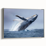 Framed canvas wall art featuring a silver side view of a majestic whale, showcasing intricate marine life design with vibrant colors, perfect for ocean-themed decor.