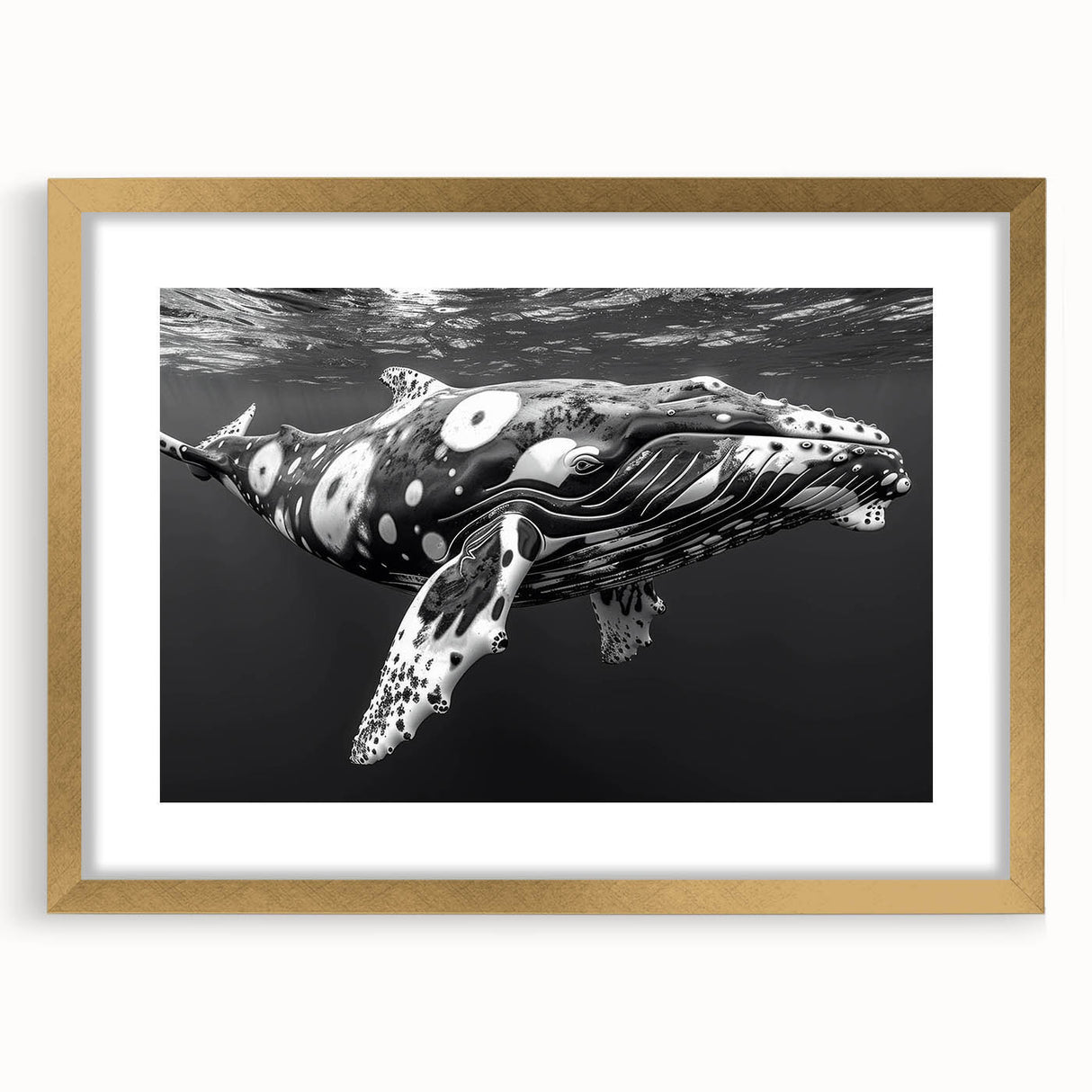Framed wall art featuring a stunning marine life design with a whale in a gold frame and mat, perfect for ocean-themed decor. Ideal for nature lovers and interior aesthetics.
