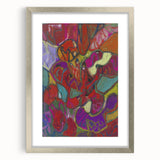 Textured abstract art print in muted earth tones on a silver-framed canvas, ideal for modern bedroom ambiance.
