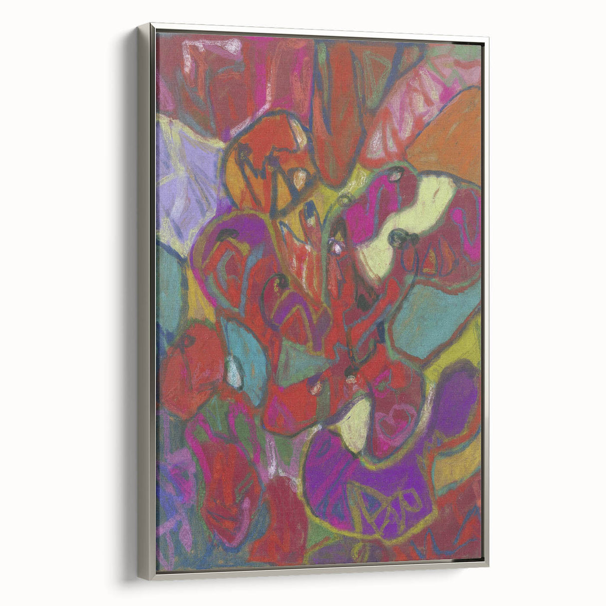 Framed canvas featuring a vintage landscape art painting in colorful and black tones.