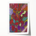 Abstract floral design in muted pastel shades on a rolled canvas, suited for art wall dining room or bathroom.