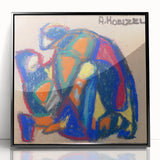 Large abstract wall art featuring mid-century modernist design in vibrant colors on a framed acrylic print.