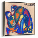 Framed canvas of a colorful, vintage landscape art painting featuring abstract shapes, ideal for modern living room decor.