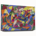 Large abstract wall art on acrylic glass, featuring vibrant geometric shapes, ideal for modern bedroom or dining room decor.