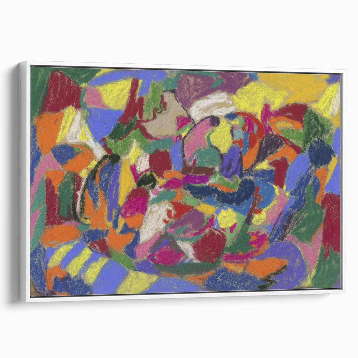 Vintage poster art featuring abstract shapes in vibrant colors on a large framed canvas, ideal for living room decor.