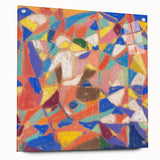 Large abstract wall art on acrylic glass, featuring geometric shapes in muted gray and blue.