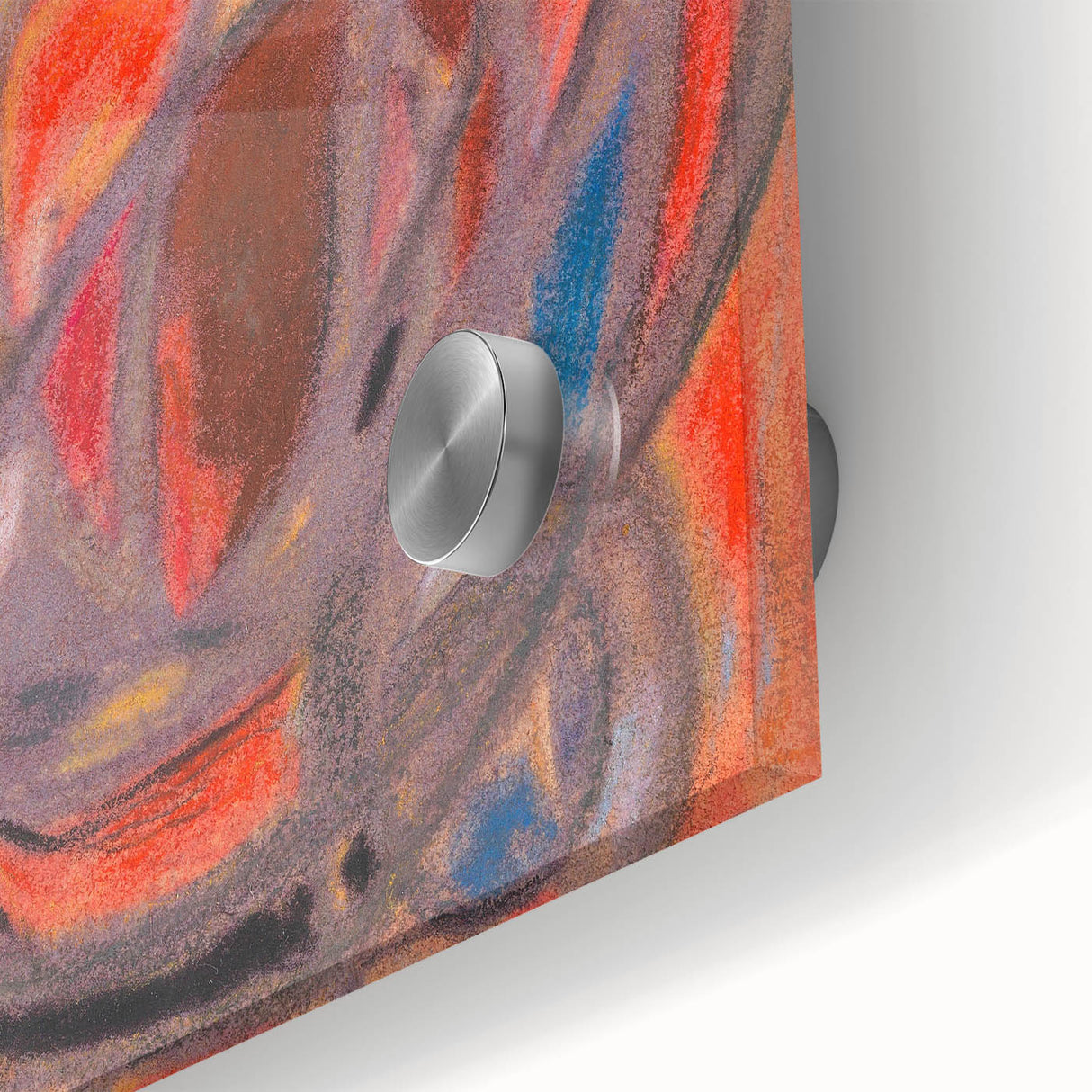 Large abstract wall art in mid-century modernist style on acrylic glass, featuring geometric shapes in muted colors.