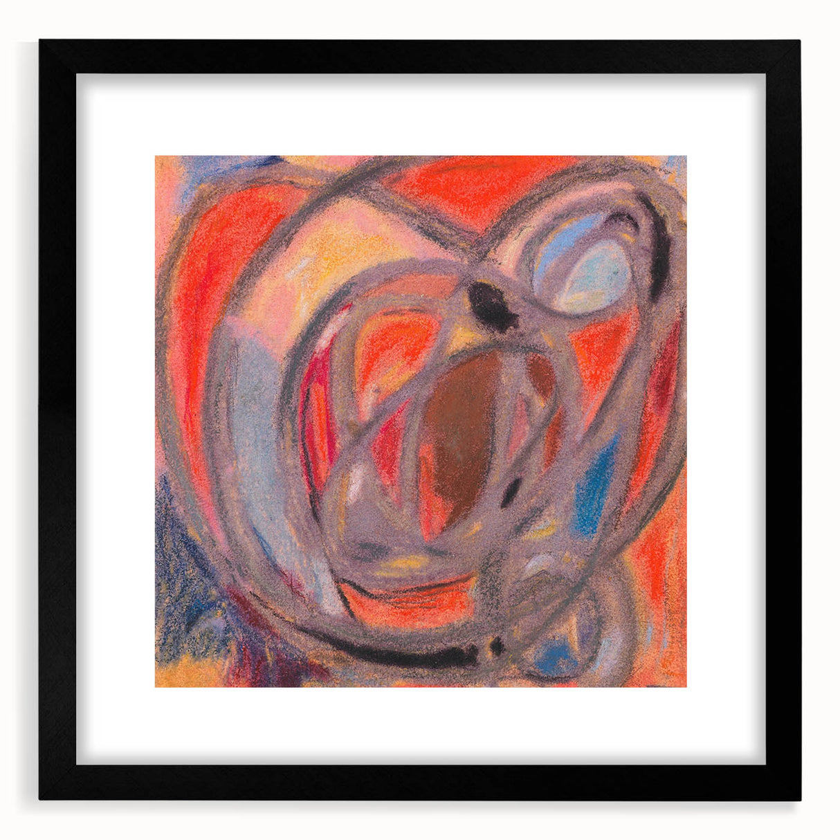 Extra large abstract art print featuring textured, colorful shapes on canvas, framed in black, ideal for living room decor.