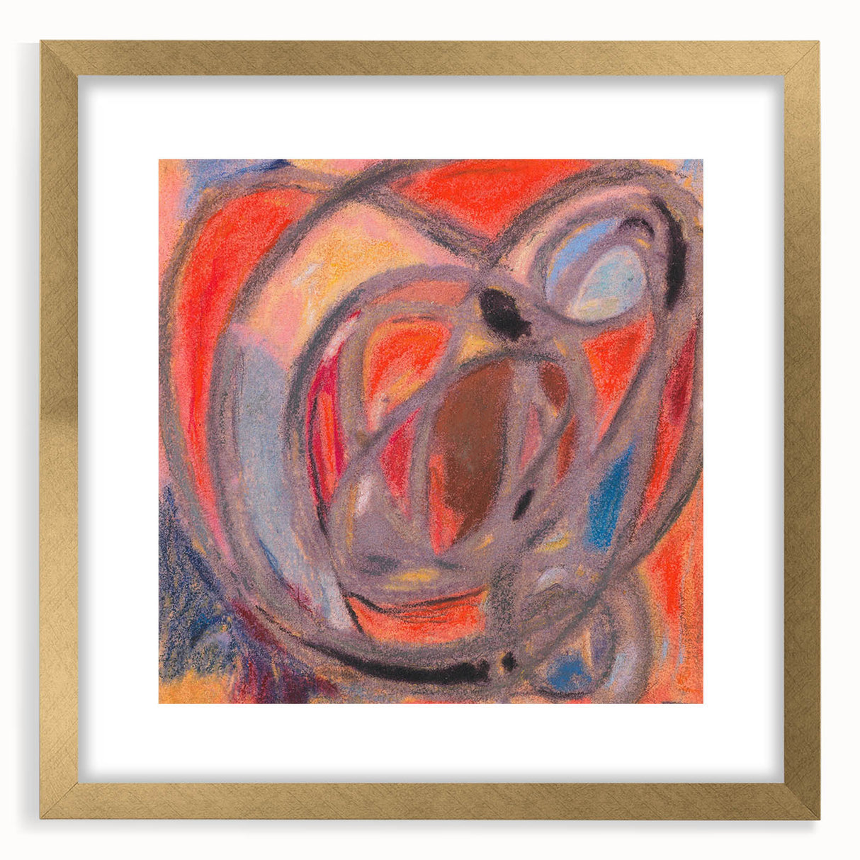 Extra large abstract art print in textured style, featuring swirling shades of blue and gray, framed in gold.