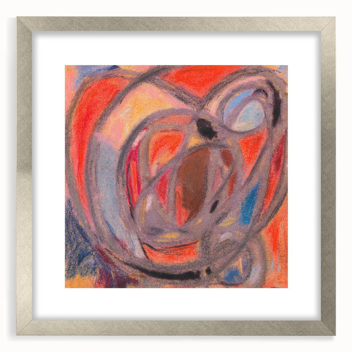 Textured abstract art print in muted earth tones, framed in silver, ideal for modern bedroom ambiance.