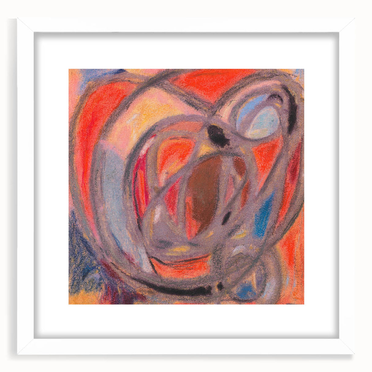 Abstract art print featuring geometric shapes in muted blue and beige, framed with a white mat.