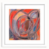 Abstract art print featuring geometric shapes in muted blue and beige, framed with a white mat.