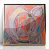Mid-century modernist art print in acrylic frame, featuring abstract shapes in muted tones.