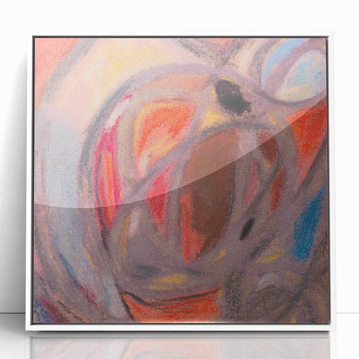 Art Deco style modern art wall decor depicting geometric shapes in muted blues and whites, framed in acrylic.