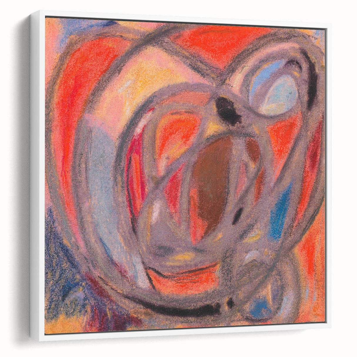 Vintage poster art featuring colorful abstract designs on a large framed canvas, ideal for living room decor.