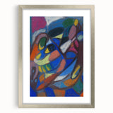 Textured abstract art print in muted blue and gray tones on a framed canvas, suitable for bedroom decor.
