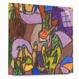 Large abstract wall art on acrylic glass, featuring geometric shapes in bold colors, suitable for bedroom or dining room.