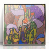 Mid-century modernist art deco poster in silver frame, featuring abstract geometric shapes in muted colors.