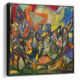 Black and white landscape art painting on framed canvas, featuring an abstract vintage poster design.