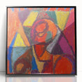 Large abstract wall art in mid-century modernist style, featuring geometric shapes in bold colors on a black acrylic frame.
