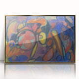 Mid-century modernist art print in gold and blue hues on framed acrylic.