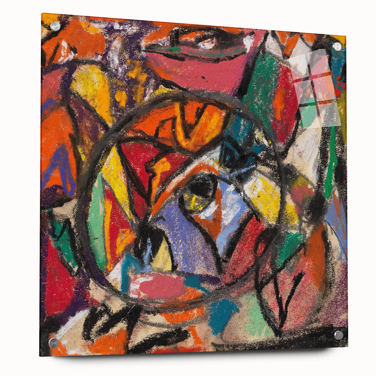 Large abstract wall art on acrylic glass featuring vibrant geometric shapes, ideal for modern bedroom or dining room decor.