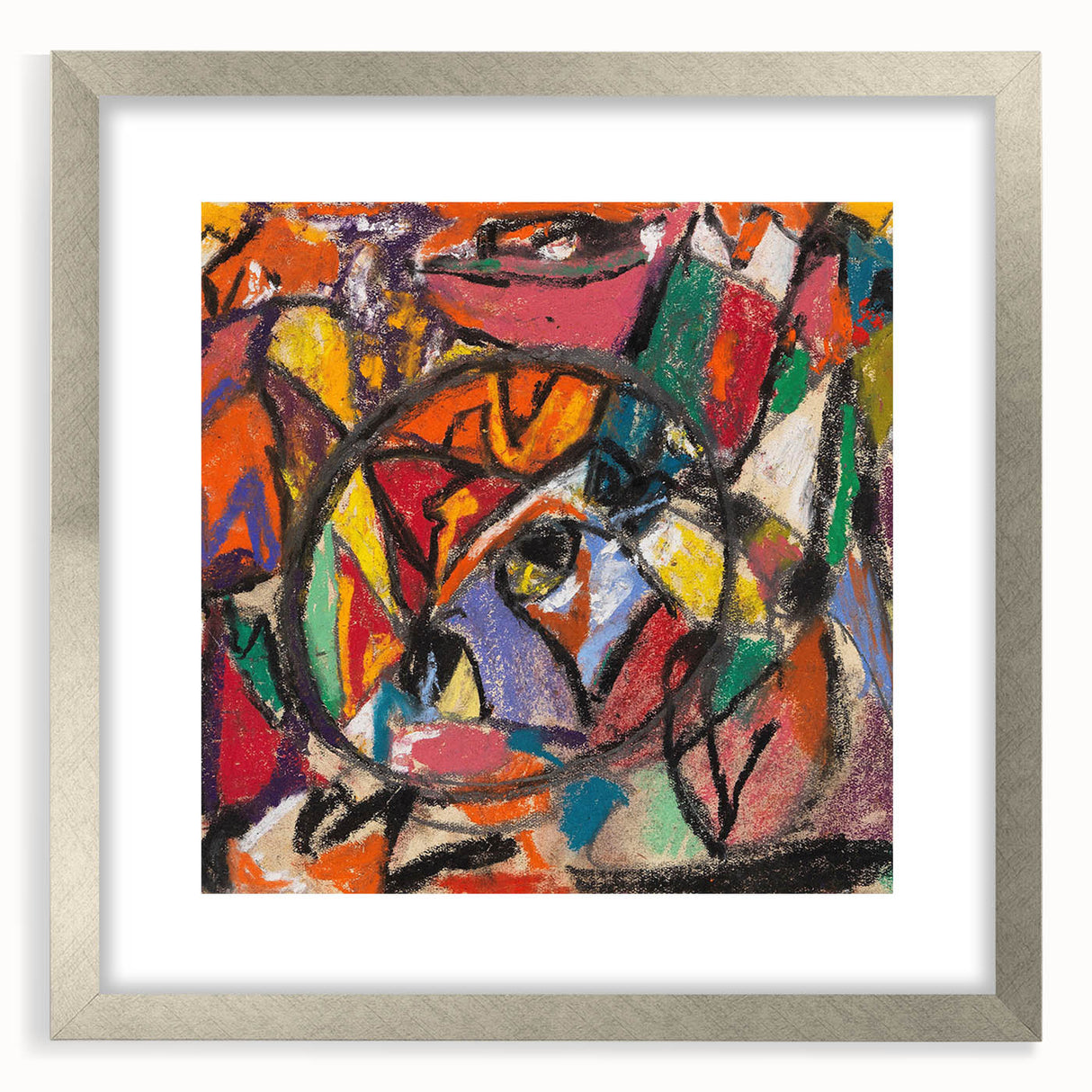 Textured abstract art print in muted gray and blue tones on framed canvas, suitable for modern bedroom decor.