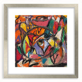 Textured abstract art print in muted gray and blue tones on framed canvas, suitable for modern bedroom decor.