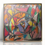 Mid-century modernist art print in gold frame, featuring abstract shapes in muted tones, suitable for nursery wall decor.