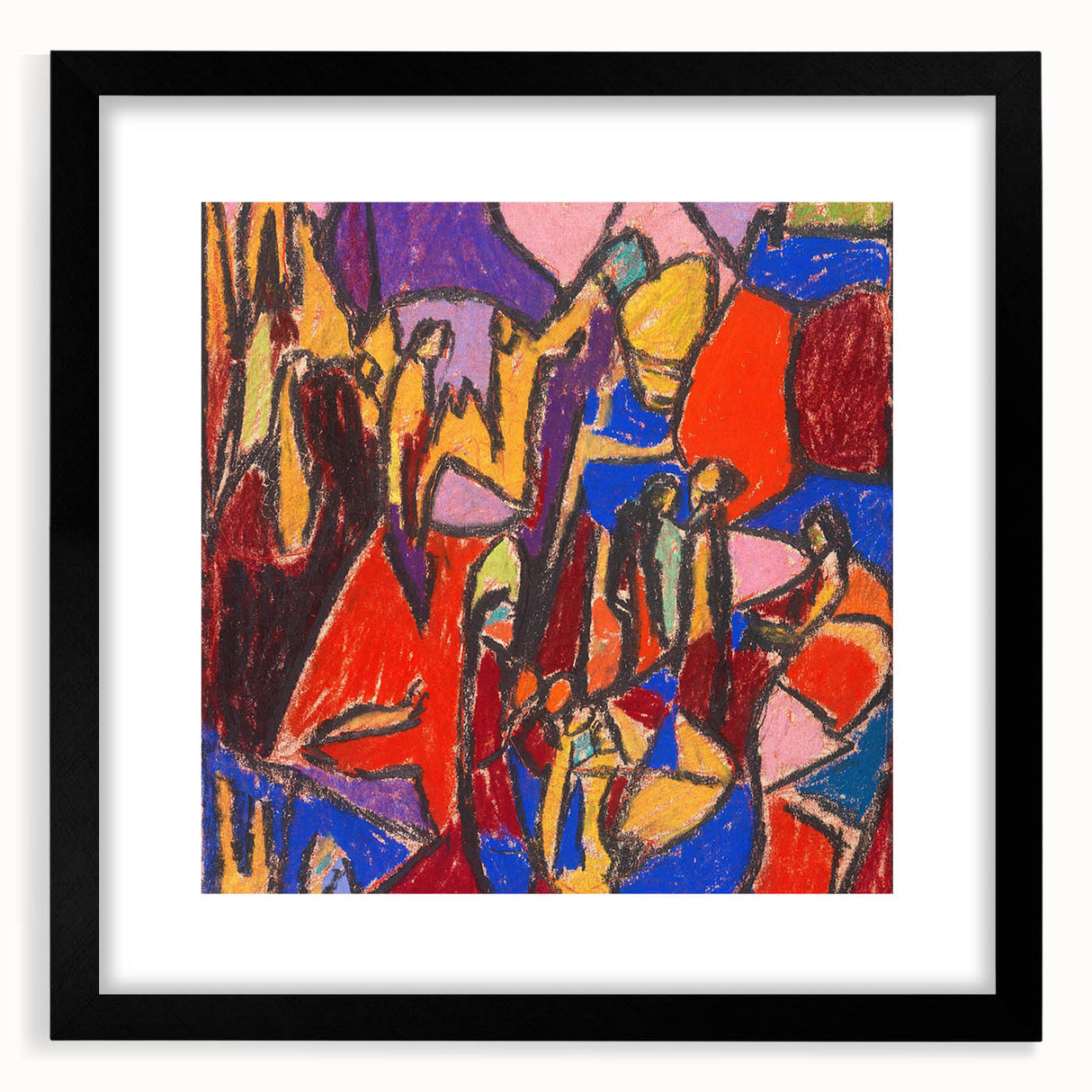 Extra large abstract art print with vibrant colors and textured design on a black framed canvas, ideal for living room decor.