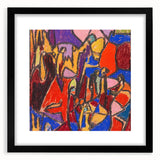 Extra large abstract art print with vibrant colors and textured design on a black framed canvas, ideal for living room decor.
