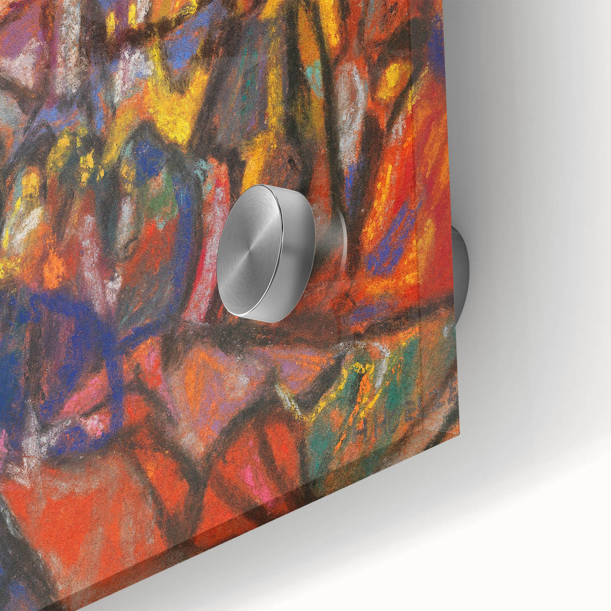 Large abstract wall art in mid-century modernist style with vivid color blocks on acrylic, ideal for dining room ambiance.