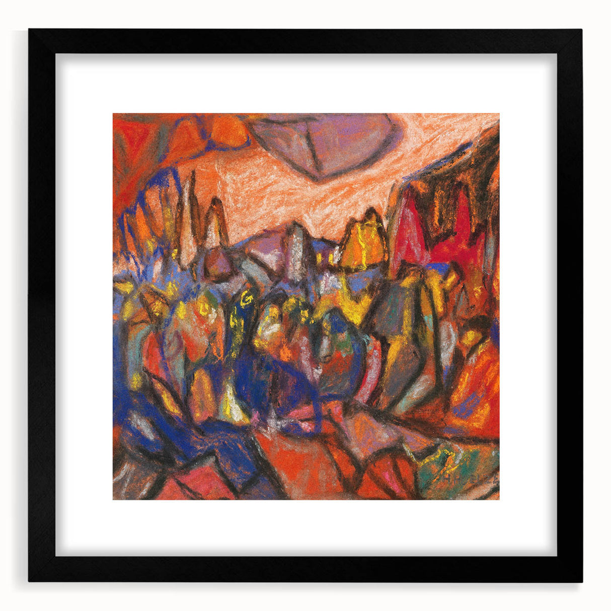 Extra large abstract art print featuring bold, colorful textured patterns on a black framed canvas.