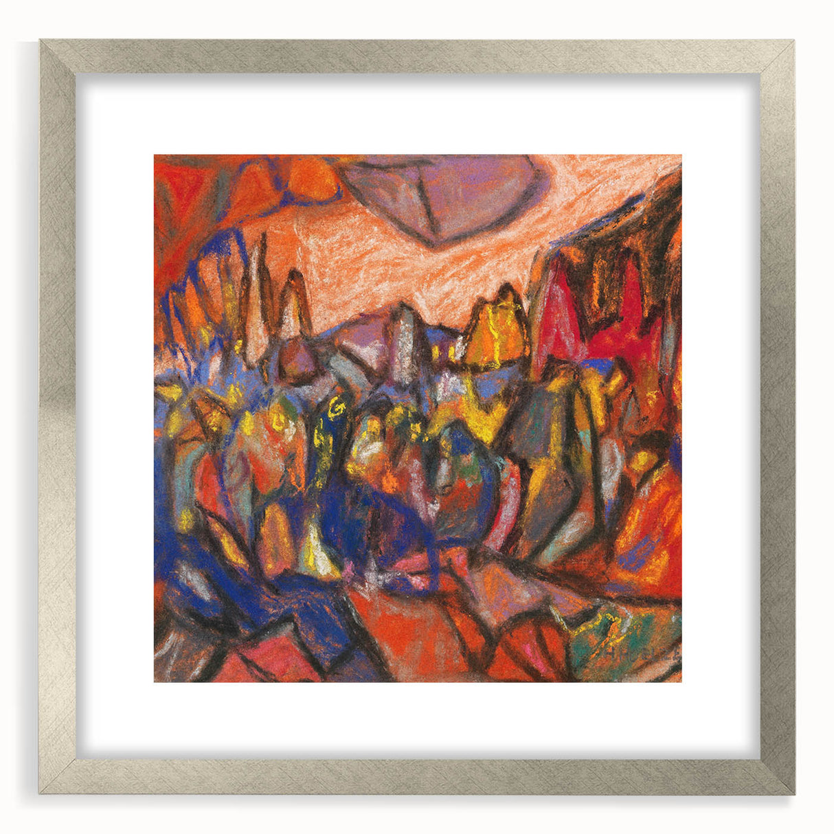 Textured abstract art print in muted earth tones on framed canvas, ideal for modern bedroom ambiance.