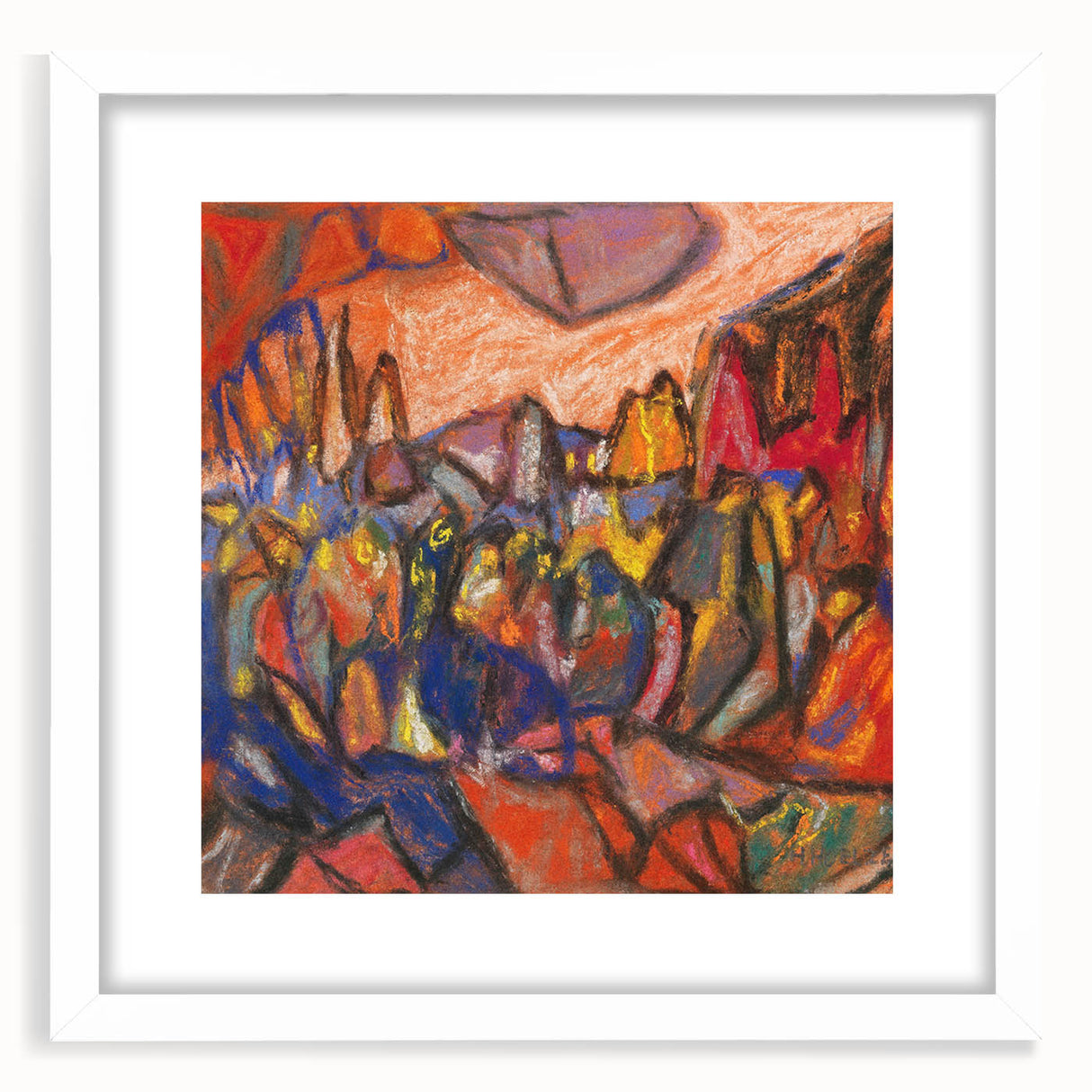 Abstract art print featuring geometric shapes in muted blue and orange, framed in white, ideal for dining room decor.