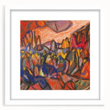 Abstract art print featuring geometric shapes in muted blue and orange, framed in white, ideal for dining room decor.