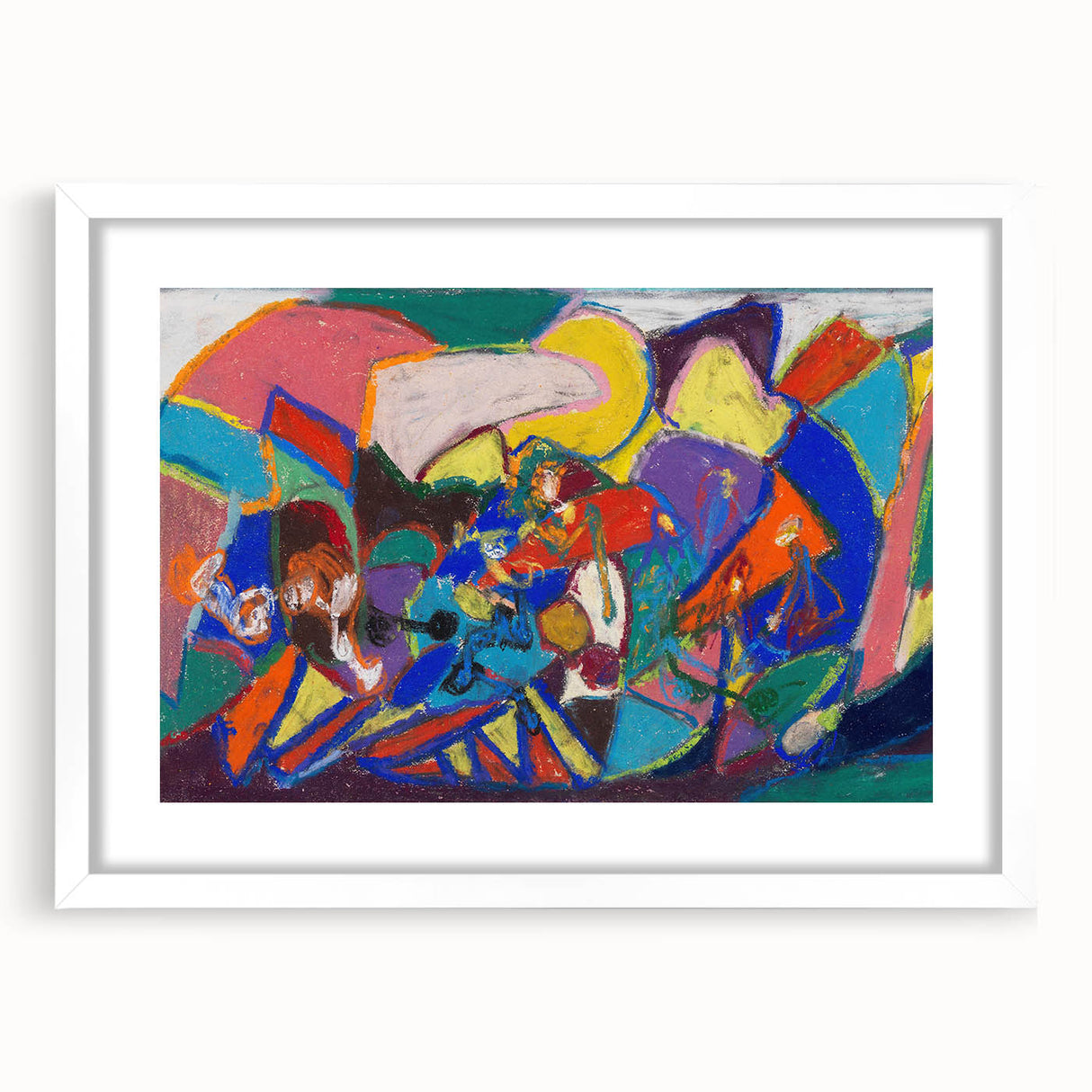 Abstract art print with vibrant blue and orange tones on a framed white mat.