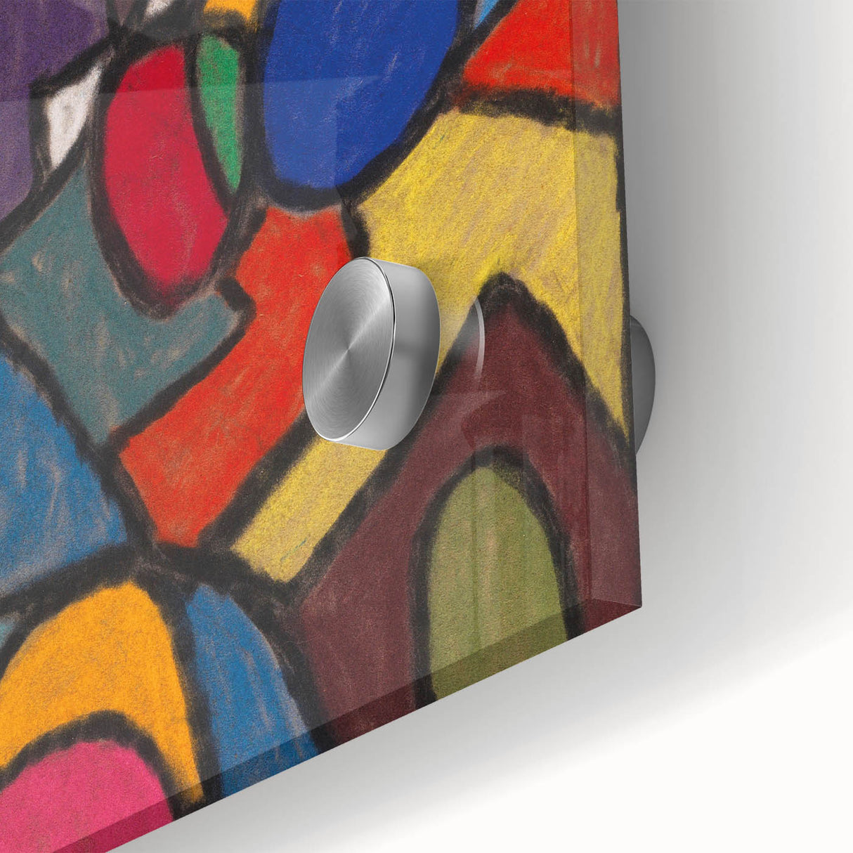 Large abstract wall art in mid-century modernist style with a blend of orange and blue tones on acrylic glass.