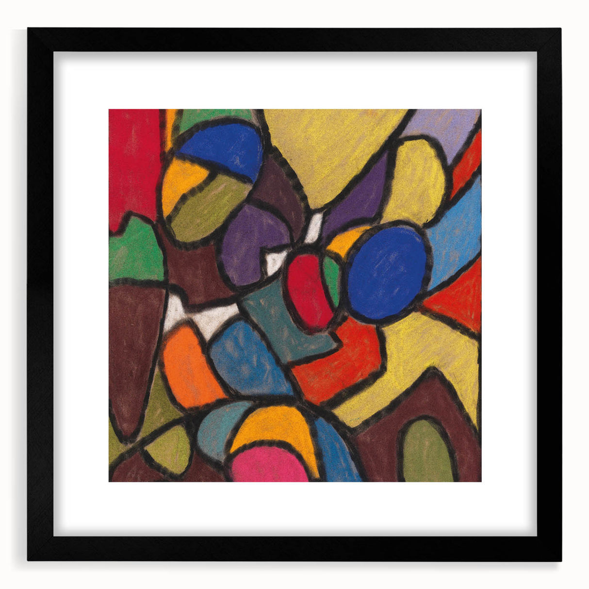 Extra large abstract art print featuring vibrant, textured colors on a black framed canvas, ideal for living room decor.