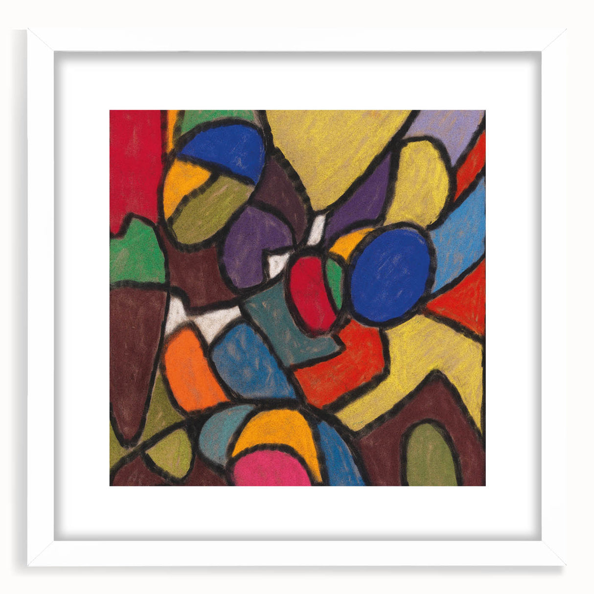 Abstract art print featuring geometric shapes in muted blue and beige tones on a white framed canvas.