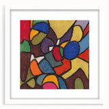 Abstract art print featuring geometric shapes in muted blue and beige tones on a white framed canvas.