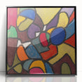 Large abstract wall art print featuring mid-century modernist design in muted earth tones, framed in black acrylic.