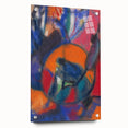 Large abstract wall art on acrylic glass, featuring geometric shapes in muted blues and greens.