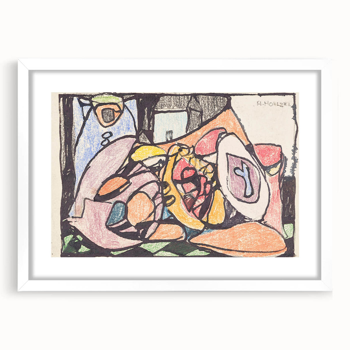 Abstract art print featuring geometric shapes in blue and beige, framed in white, suitable for bedroom or dining room decor.