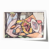 Abstract floral design in muted earth tones on a large rolled canvas, ideal for art wall dining room.